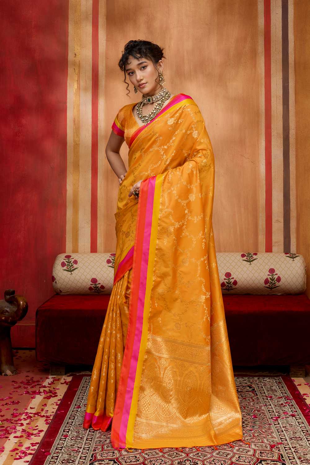 Soraya Marigold Orange Soft Silk Satin Saree with Handloom Woven Design Ready to Wear One Minute Saree