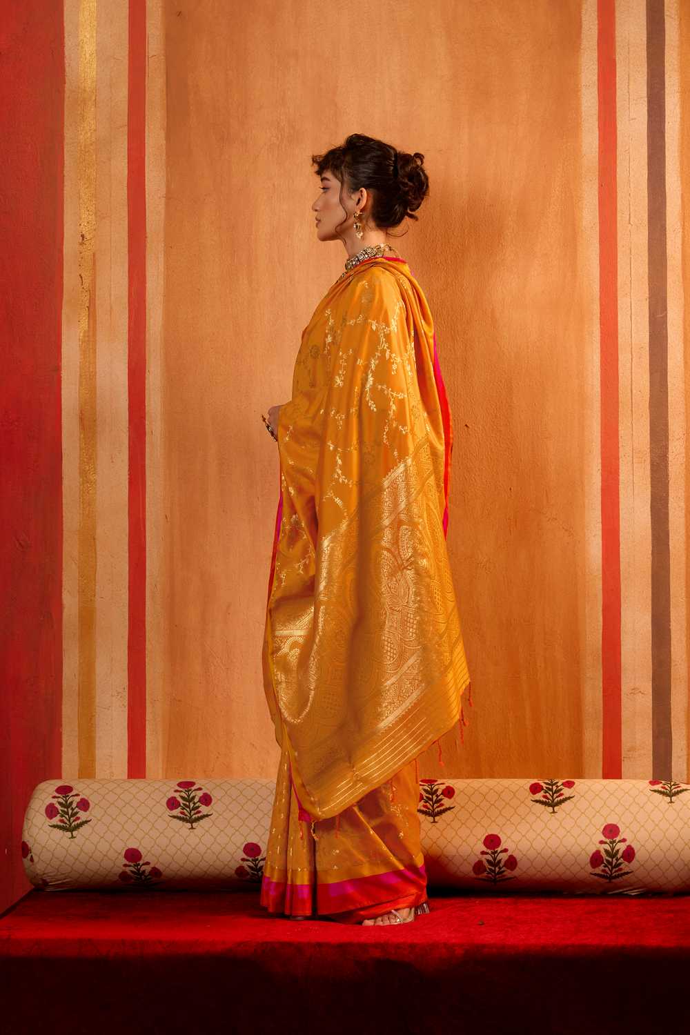 Soraya Marigold Orange Soft Silk Satin Saree with Handloom Woven Design Ready to Wear One Minute Saree