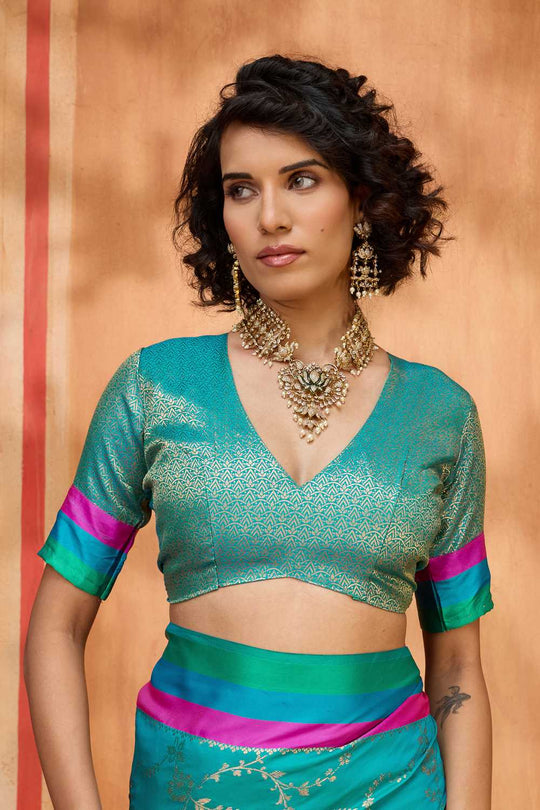 Soraya Teal Blue Soft Silk Satin Saree with Handloom Woven Design Ready to Wear One Minute Saree