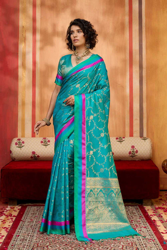 Soraya Teal Blue Soft Silk Satin Saree with Handloom Woven Design Ready to Wear One Minute Saree
