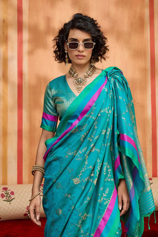 Soraya Teal Blue Soft Silk Satin Saree with Handloom Woven Design Ready to Wear One Minute Saree