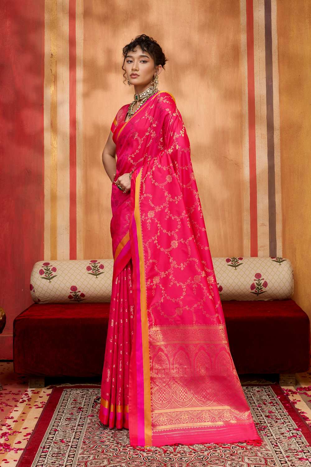 Soraya Hot Pink Soft Silk Satin Saree with Handloom Woven Design Ready to Wear One Minute Saree