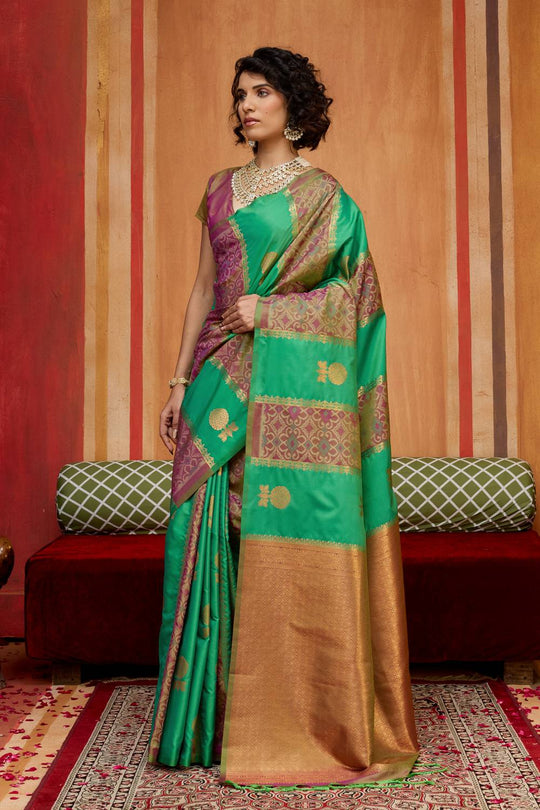 Ayra Emerald Green & Wine Pure Silk Woven Ready to Wear Saree
