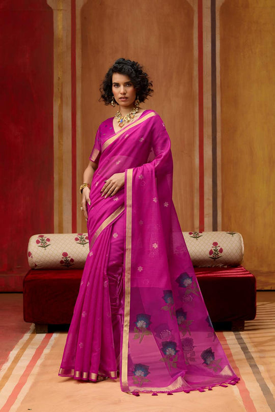 Rosa Rani Pink Munga Cotton Saree with Organza Weaving Pallu Ready to Wear Saree