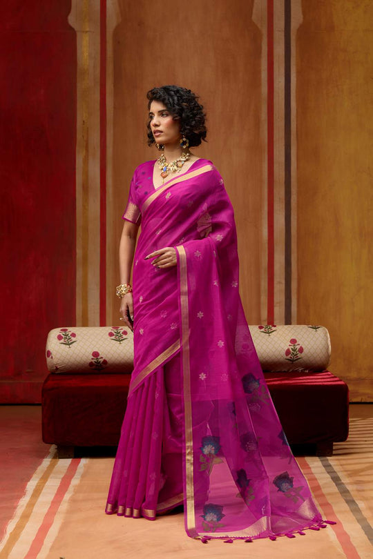 Rosa Rani Pink Munga Cotton Saree with Organza Weaving Pallu Ready to Wear Saree