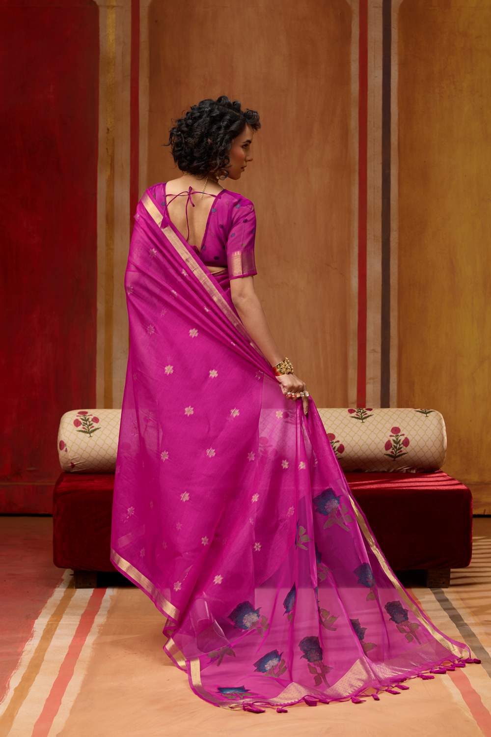 Rosa Rani Pink Munga Cotton Saree with Organza Weaving Pallu Ready to Wear Saree