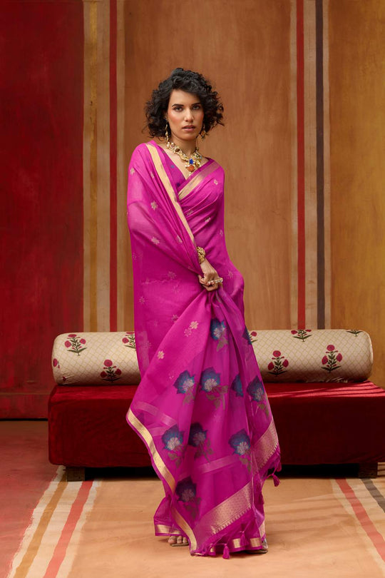 Rosa Rani Pink Munga Cotton Saree with Organza Weaving Pallu Ready to Wear Saree