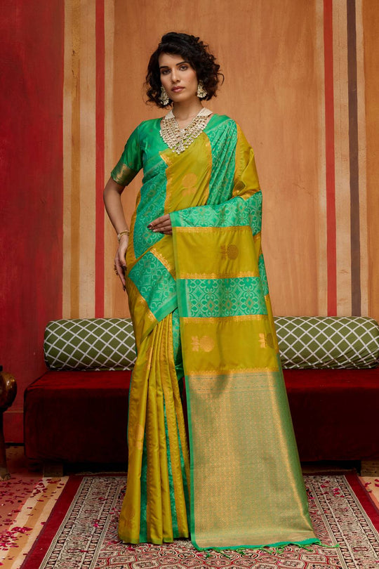 Ayra Emerald Green & Lime Yellow Pure Silk Woven Ready to Wear Saree