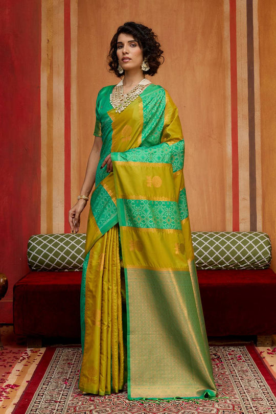 Ayra Emerald Green & Lime Yellow Pure Silk Woven Ready to Wear Saree