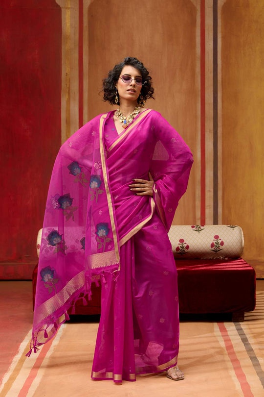 Rosa Rani Pink Munga Cotton Saree with Organza Weaving Pallu Ready to Wear Saree