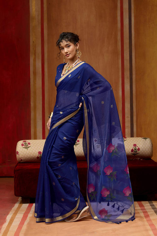 Rosa Royal Blue Munga Cotton Saree with Organza Weaving Pallu Ready to Wear Saree
