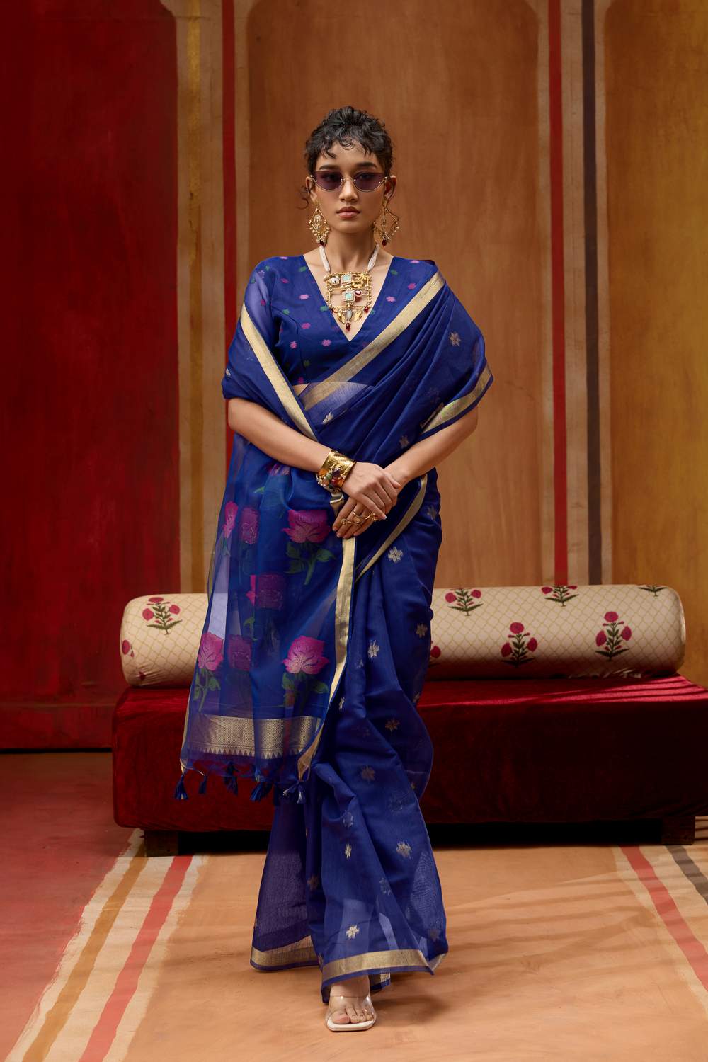 Rosa Royal Blue Munga Cotton Saree with Organza Weaving Pallu Ready to Wear Saree