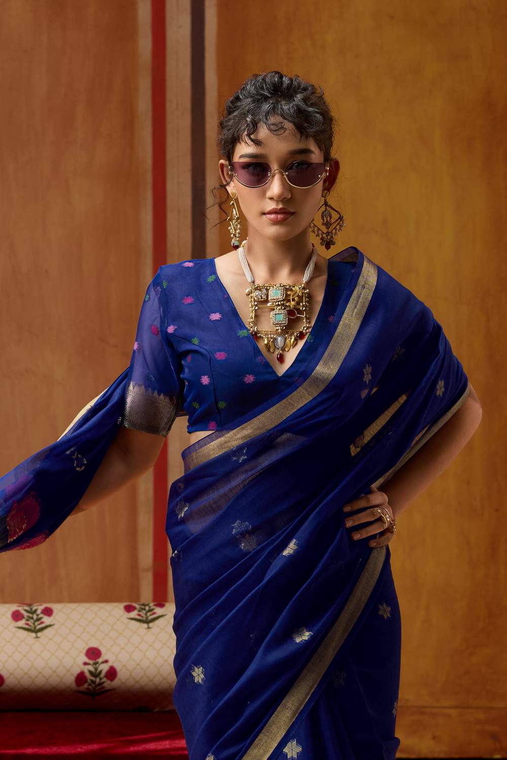 Rosa Royal Blue Munga Cotton Saree with Organza Weaving Pallu Ready to Wear Saree