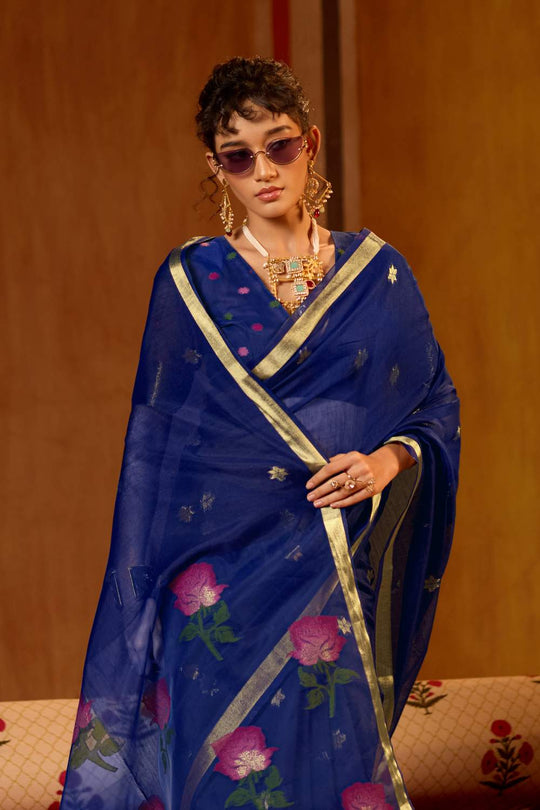 Rosa Royal Blue Munga Cotton Saree with Organza Weaving Pallu Ready to Wear Saree