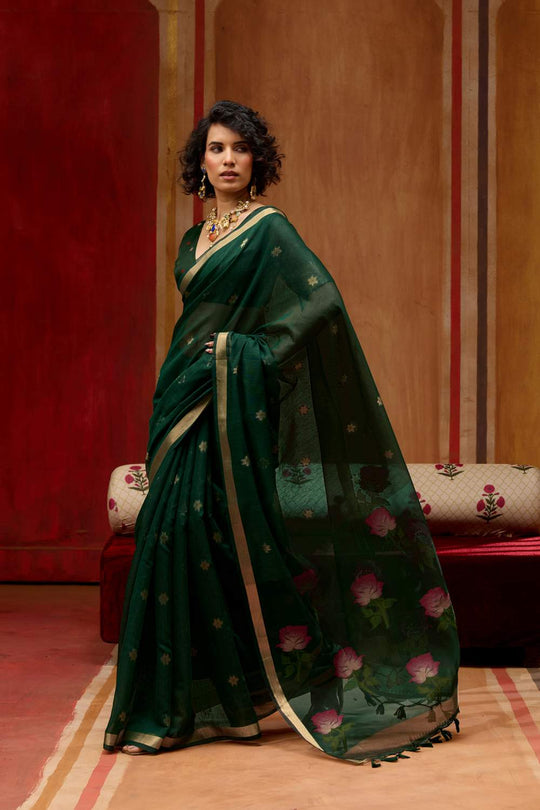Rosa Dark Green Munga Cotton Saree with Organza Weaving Pallu Ready to Wear Saree