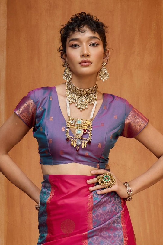 Ayra Rose Pink & Blue Pure Silk Woven Ready to Wear Saree