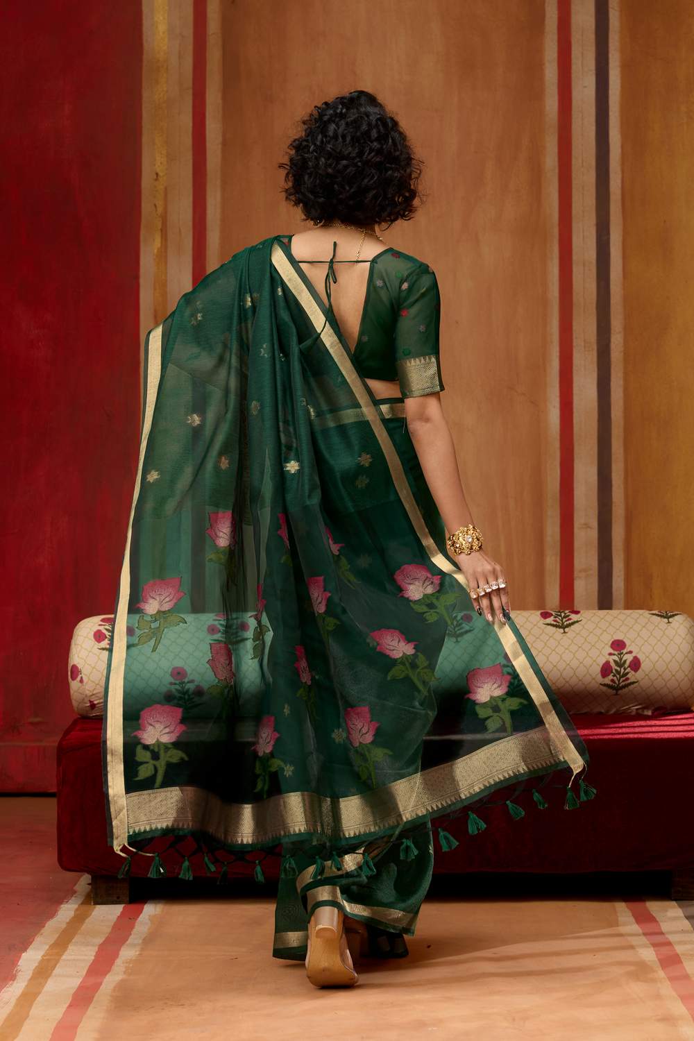 Rosa Dark Green Munga Cotton Saree with Organza Weaving Pallu Ready to Wear Saree