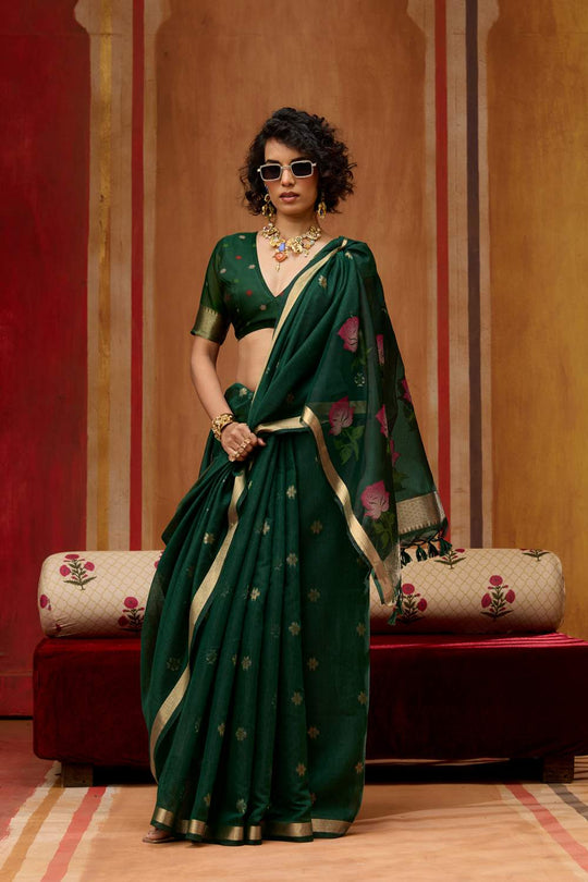 Rosa Dark Green Munga Cotton Saree with Organza Weaving Pallu Ready to Wear Saree
