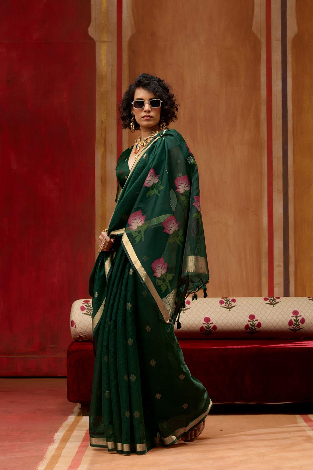 Rosa Dark Green Munga Cotton Saree with Organza Weaving Pallu Ready to Wear Saree