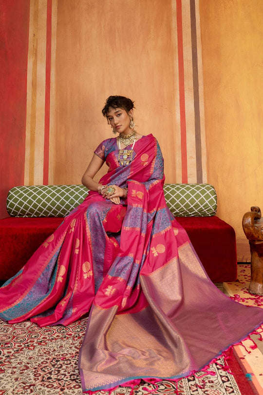 Ayra Rose Pink & Blue Pure Silk Woven Ready to Wear Saree