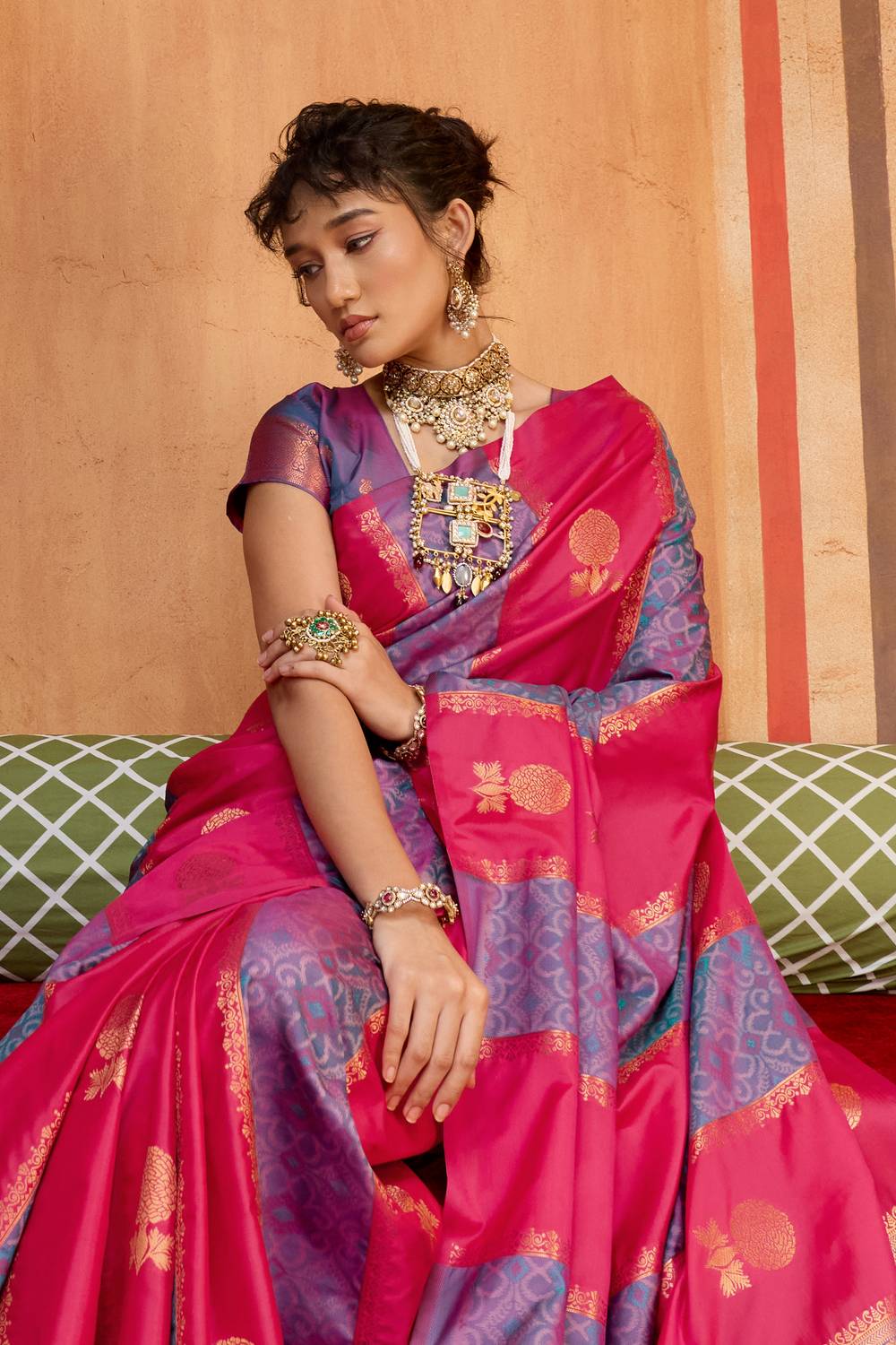 Ayra Rose Pink & Blue Pure Silk Woven Ready to Wear Saree