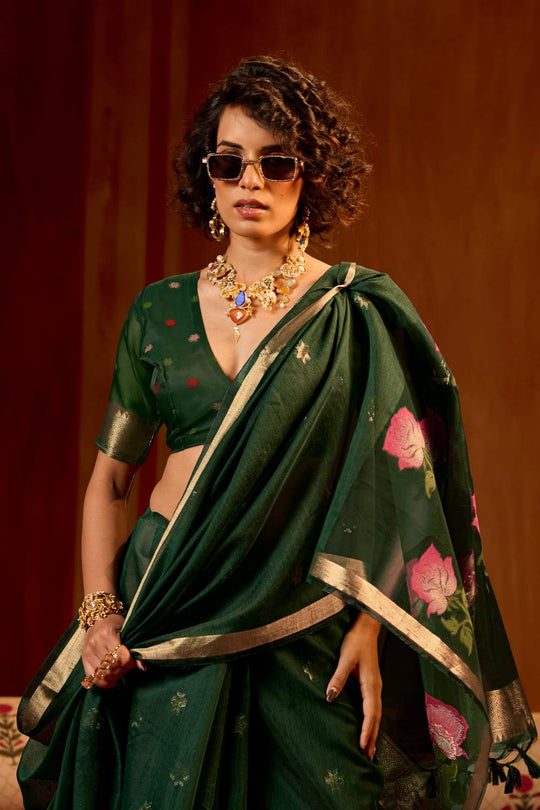 Rosa Dark Green Munga Cotton Saree with Organza Weaving Pallu Ready to Wear Saree