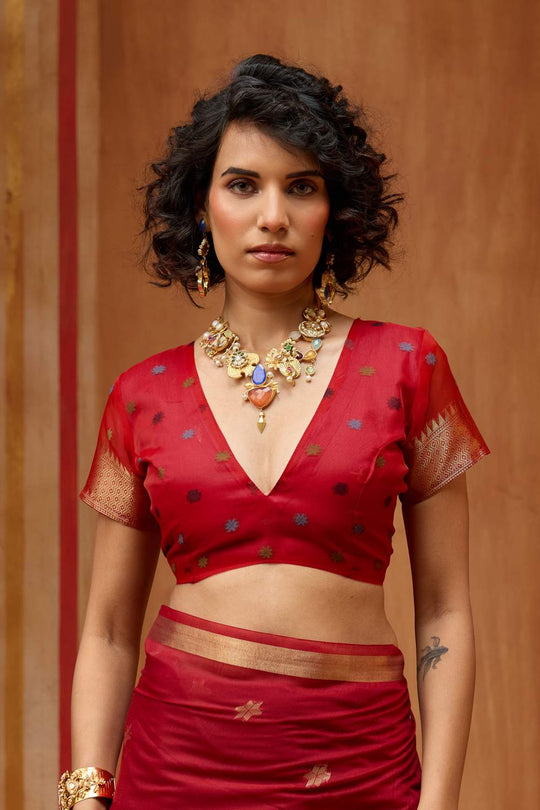 Rosa Red Munga Cotton Saree with Organza Weaving Pallu Ready to Wear Saree