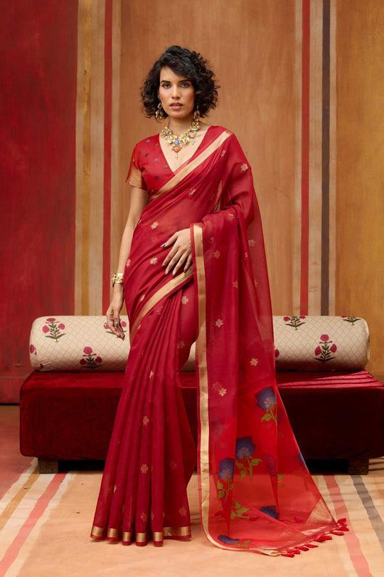 Rosa Red Munga Cotton Saree with Organza Weaving Pallu Ready to Wear Saree