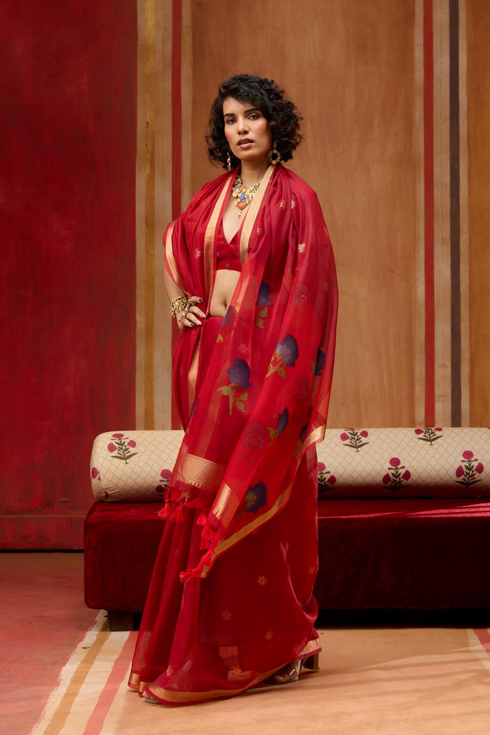 Rosa Red Munga Cotton Saree with Organza Weaving Pallu Ready to Wear Saree