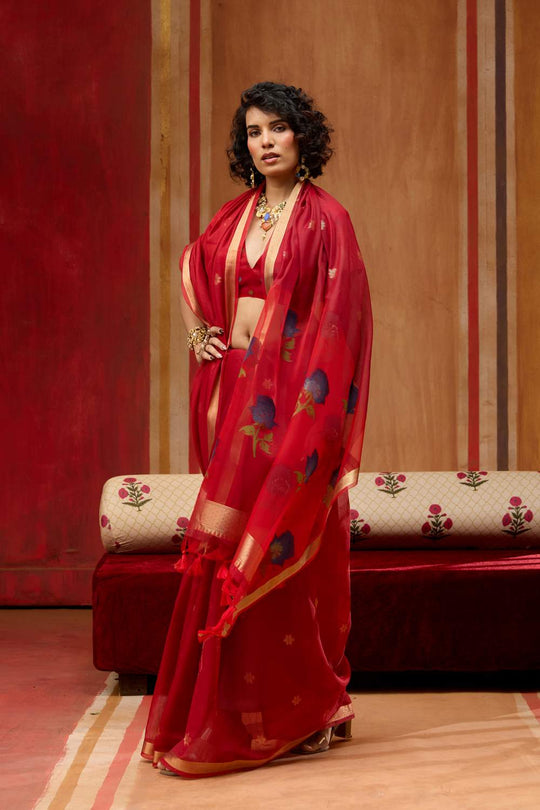 Rosa Red Munga Cotton Saree with Organza Weaving Pallu Ready to Wear Saree