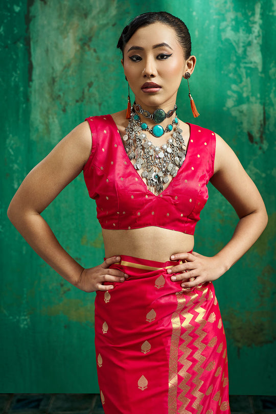 Anisa Red Pure Satin Handloom Weaving Ready to Wear Saree