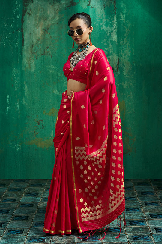 Anisa Red Pure Satin Handloom Weaving Ready to Wear Saree