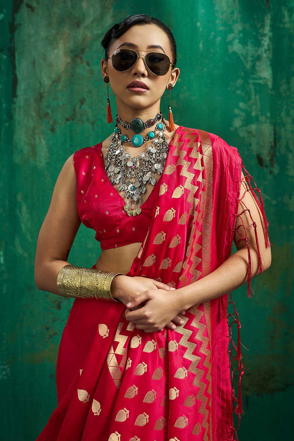 Anisa Red Pure Satin Handloom Weaving Ready to Wear Saree
