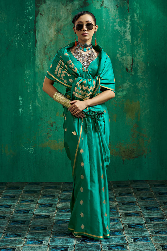 Anisa Emerald Green Pure Satin Handloom Weaving Ready to Wear Saree