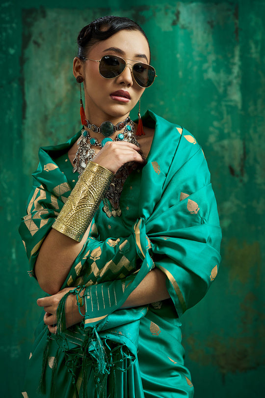 Anisa Emerald Green Pure Satin Handloom Weaving Ready to Wear Saree