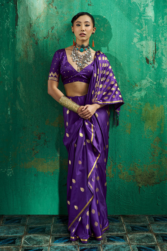 Anisa Royal Purple Pure Satin Handloom Weaving Ready to Wear Saree
