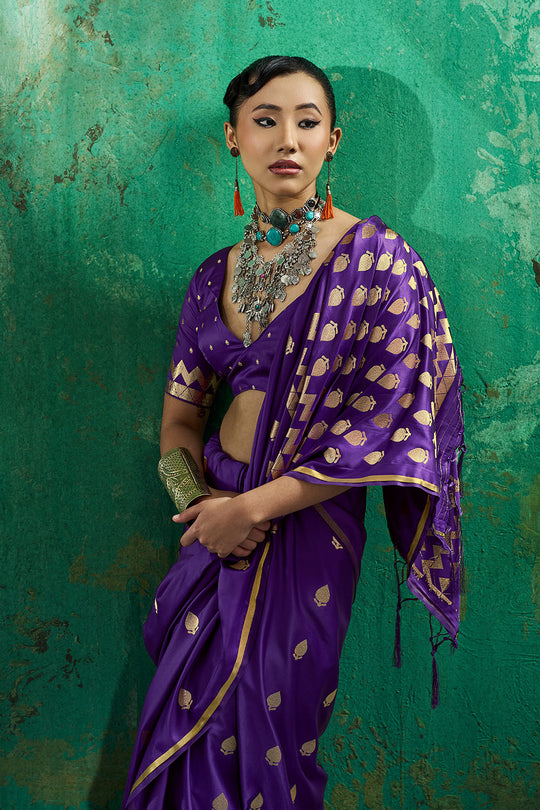 Anisa Royal Purple Pure Satin Handloom Weaving Ready to Wear Saree
