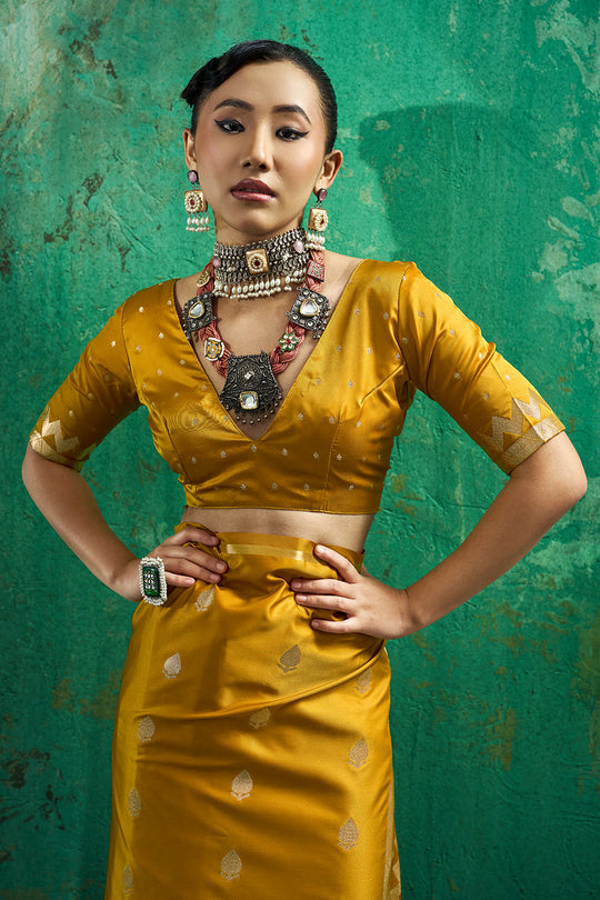 Anisa Mustard Yellow Pure Satin Handloom Weaving Ready to Wear Saree