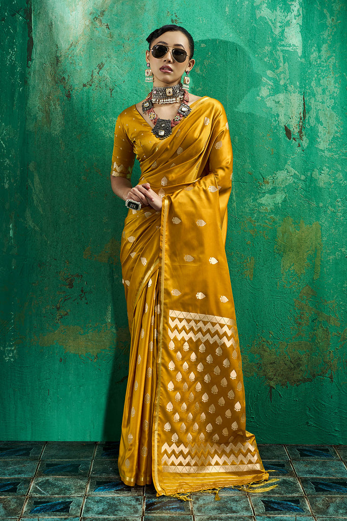 Anisa Mustard Yellow Pure Satin Handloom Weaving Ready to Wear Saree