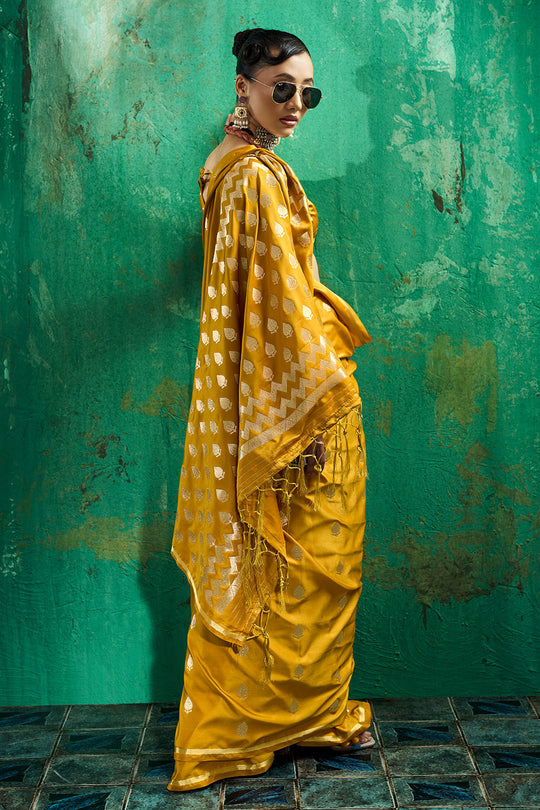 Anisa Mustard Yellow Pure Satin Handloom Weaving Ready to Wear Saree