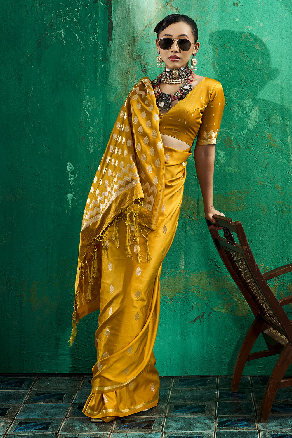 Anisa Mustard Yellow Pure Satin Handloom Weaving Ready to Wear Saree