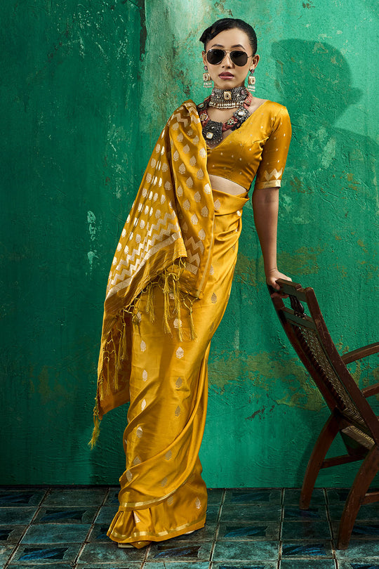 Anisa Mustard Yellow Pure Satin Handloom Weaving Ready to Wear Saree