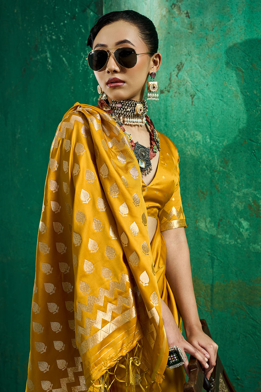 Anisa Mustard Yellow Pure Satin Handloom Weaving Ready to Wear Saree