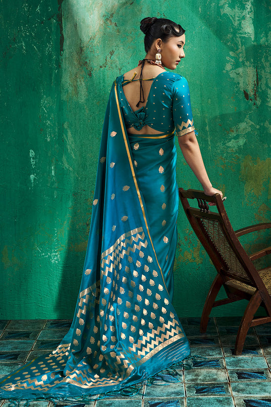 Anisa Teal Blue Pure Satin Handloom Weaving Ready to Wear Saree