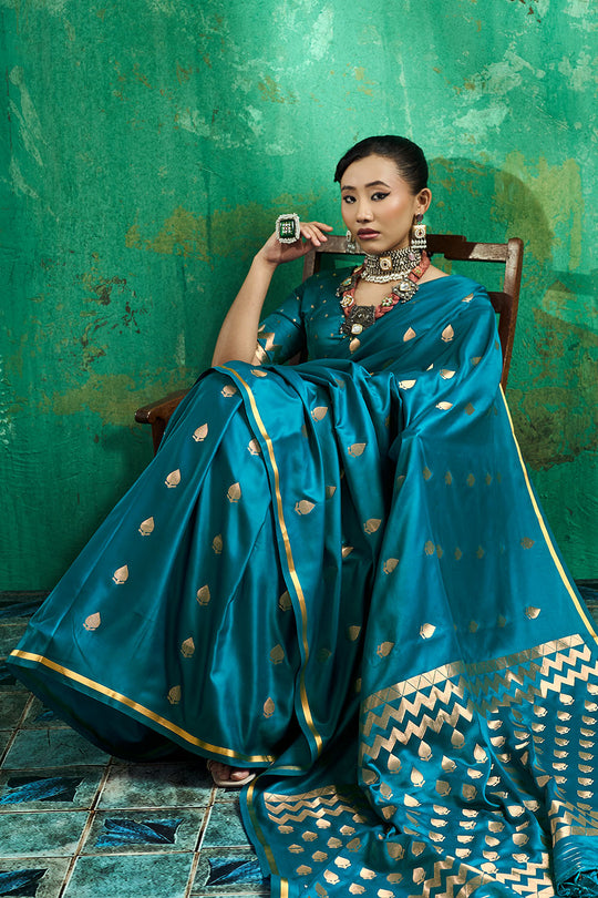 Anisa Teal Blue Pure Satin Handloom Weaving Ready to Wear Saree