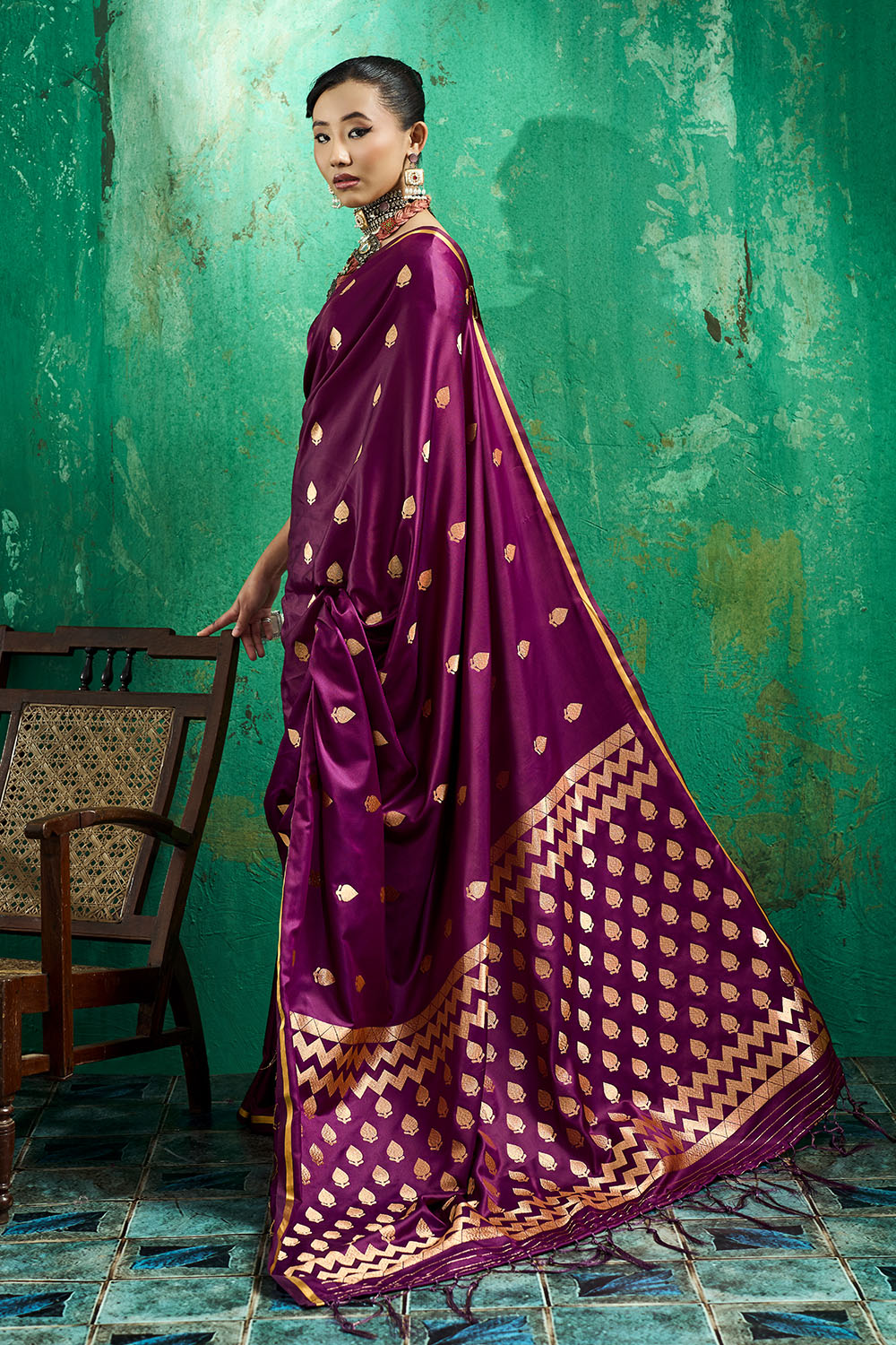 Anisa Wine Pure Satin Handloom Weaving Ready to Wear Saree