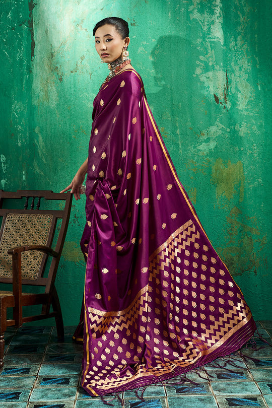 Anisa Wine Pure Satin Handloom Weaving Ready to Wear Saree