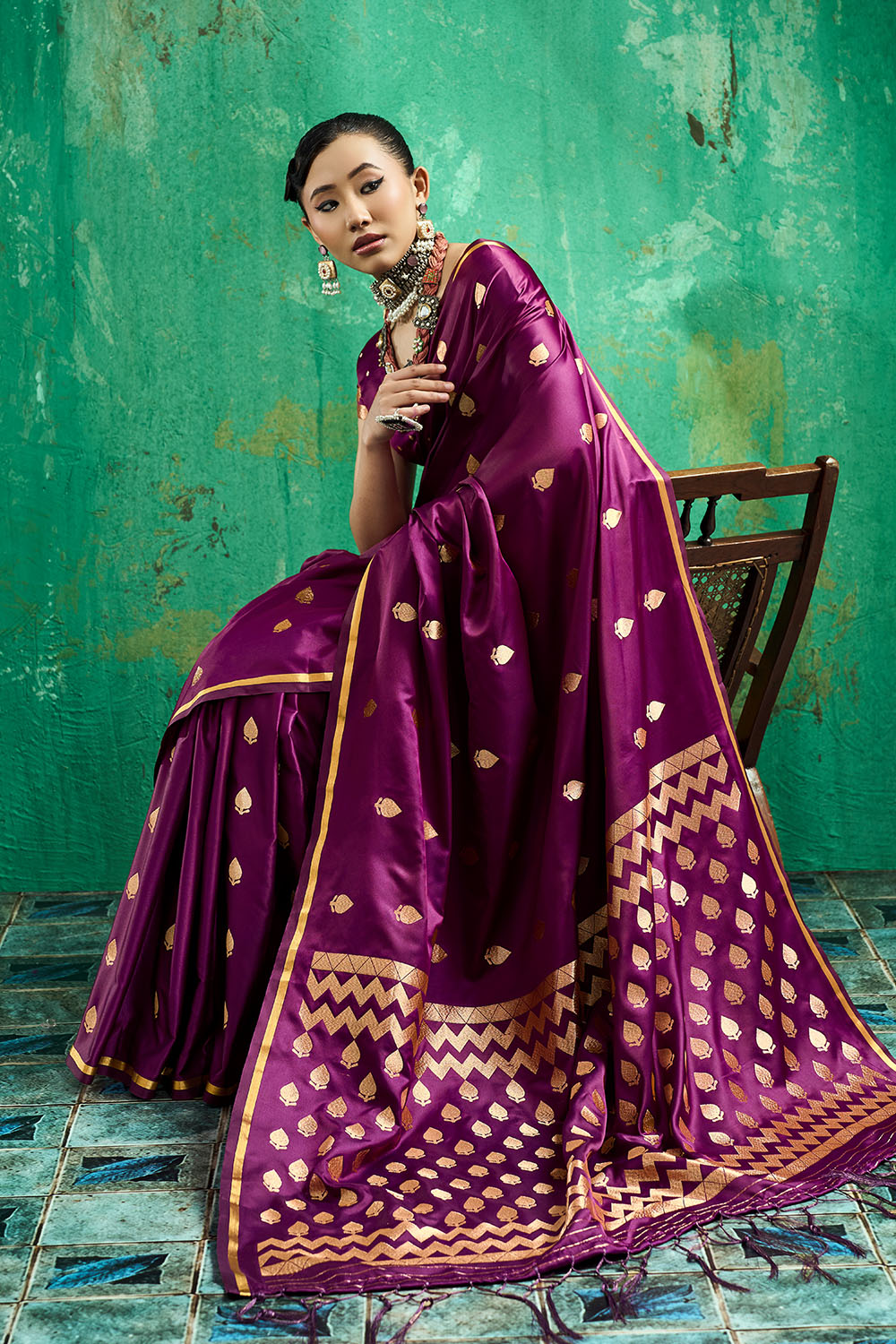 Anisa Wine Pure Satin Handloom Weaving Ready to Wear Saree
