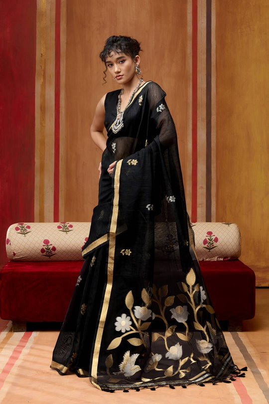 Divya Black Munga Silk Saree with Organza Weaving Pallu Ready to Wear Saree