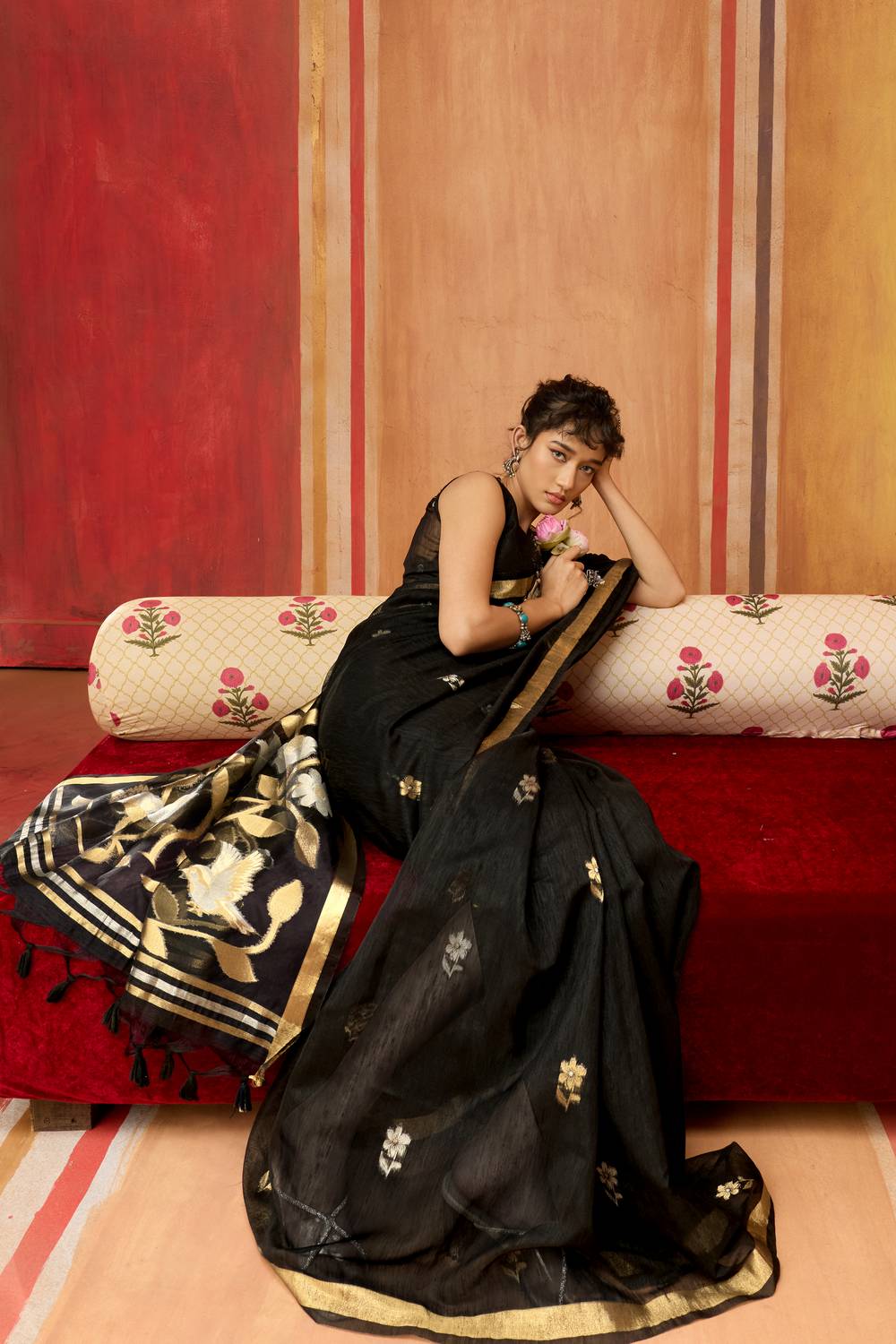 Divya Black Munga Silk Saree with Organza Weaving Pallu Ready to Wear Saree